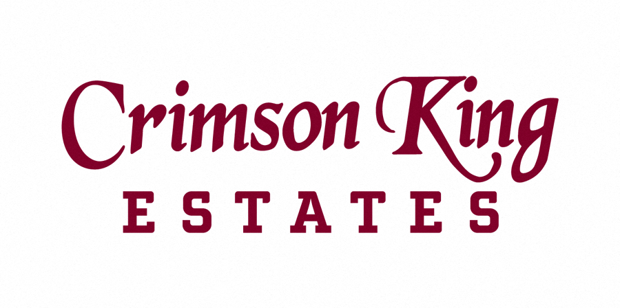 the logo for crimson king estates is shown in red against a white background